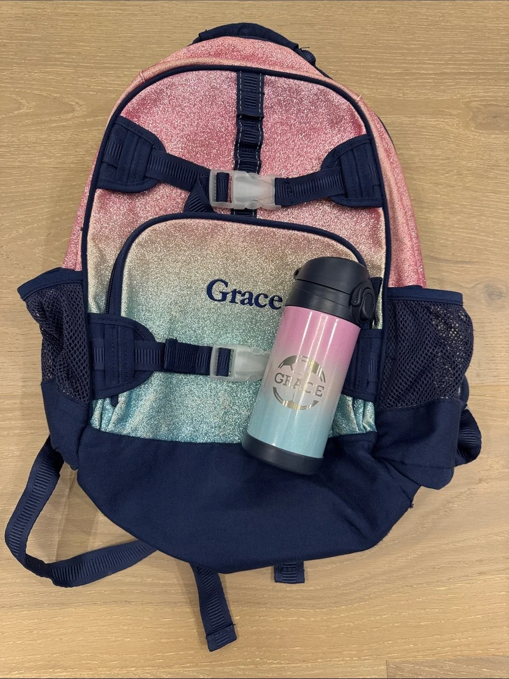 Pottery Barn Kids Pink and Navy Blue Glitter Backpack with Matching Water Bottle